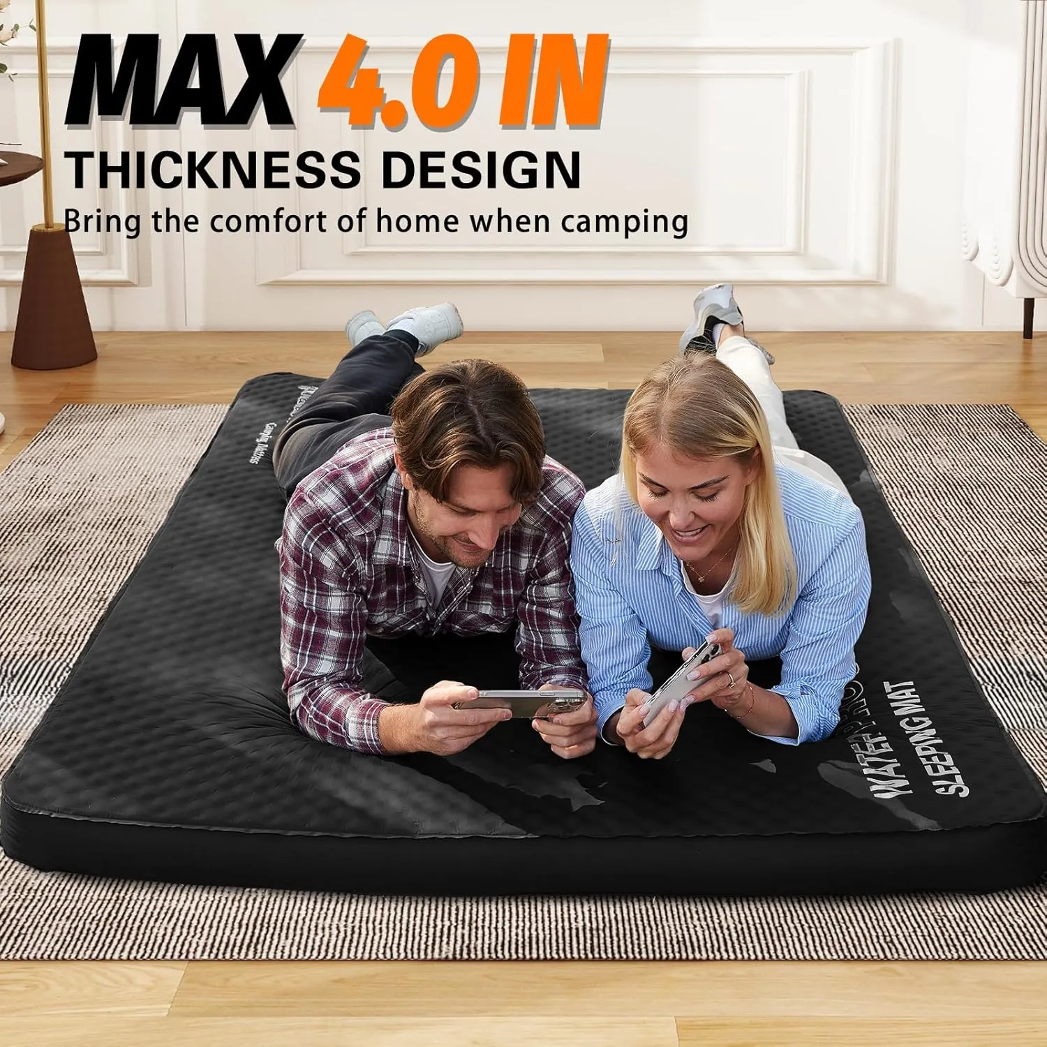 CYMULA Self Inflating Double Sleeping Pad, 4in Ultra-Thick Foam Camping Mattress 2 Person with Air Pump Sack,Camping Beds for Adults Inflatable Sleeping Mat Camping Essentials for Travel, Tent, Black