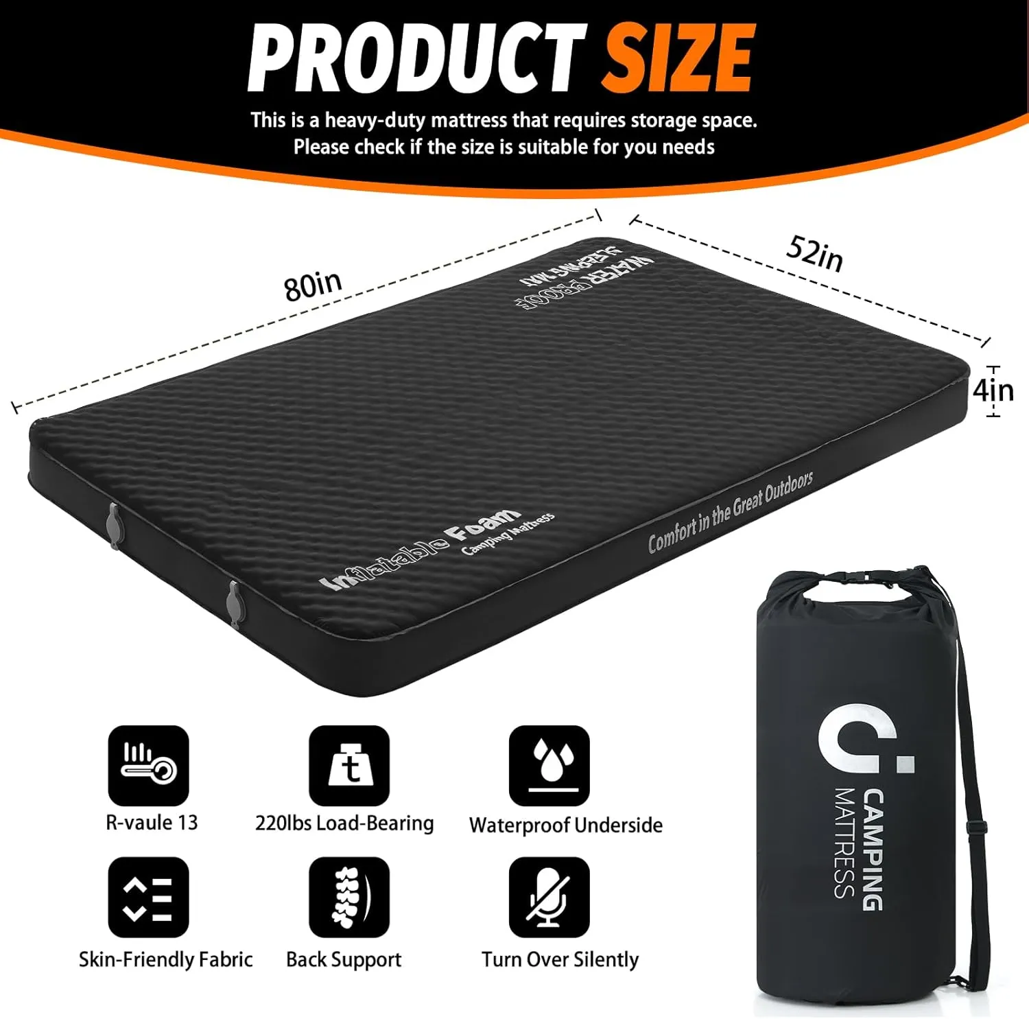 CYMULA Self Inflating Double Sleeping Pad, 4in Ultra-Thick Foam Camping Mattress 2 Person with Air Pump Sack,Camping Beds for Adults Inflatable Sleeping Mat Camping Essentials for Travel, Tent, Black
