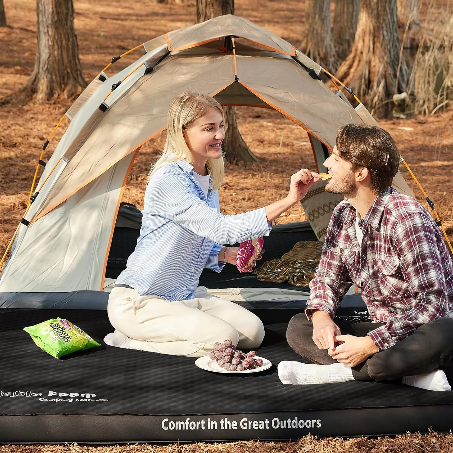 CYMULA Self Inflating Double Sleeping Pad, 4in Ultra-Thick Foam Camping Mattress 2 Person with Air Pump Sack,Camping Beds for Adults Inflatable Sleeping Mat Camping Essentials for Travel, Tent, Black