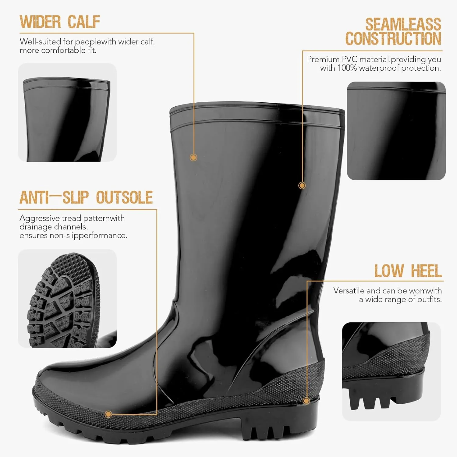 DaeRainy Women's Mid-calf Rain Boots Waterproof Non-slip for Gardens,Fishing,Farm,Outdoor Work Boots