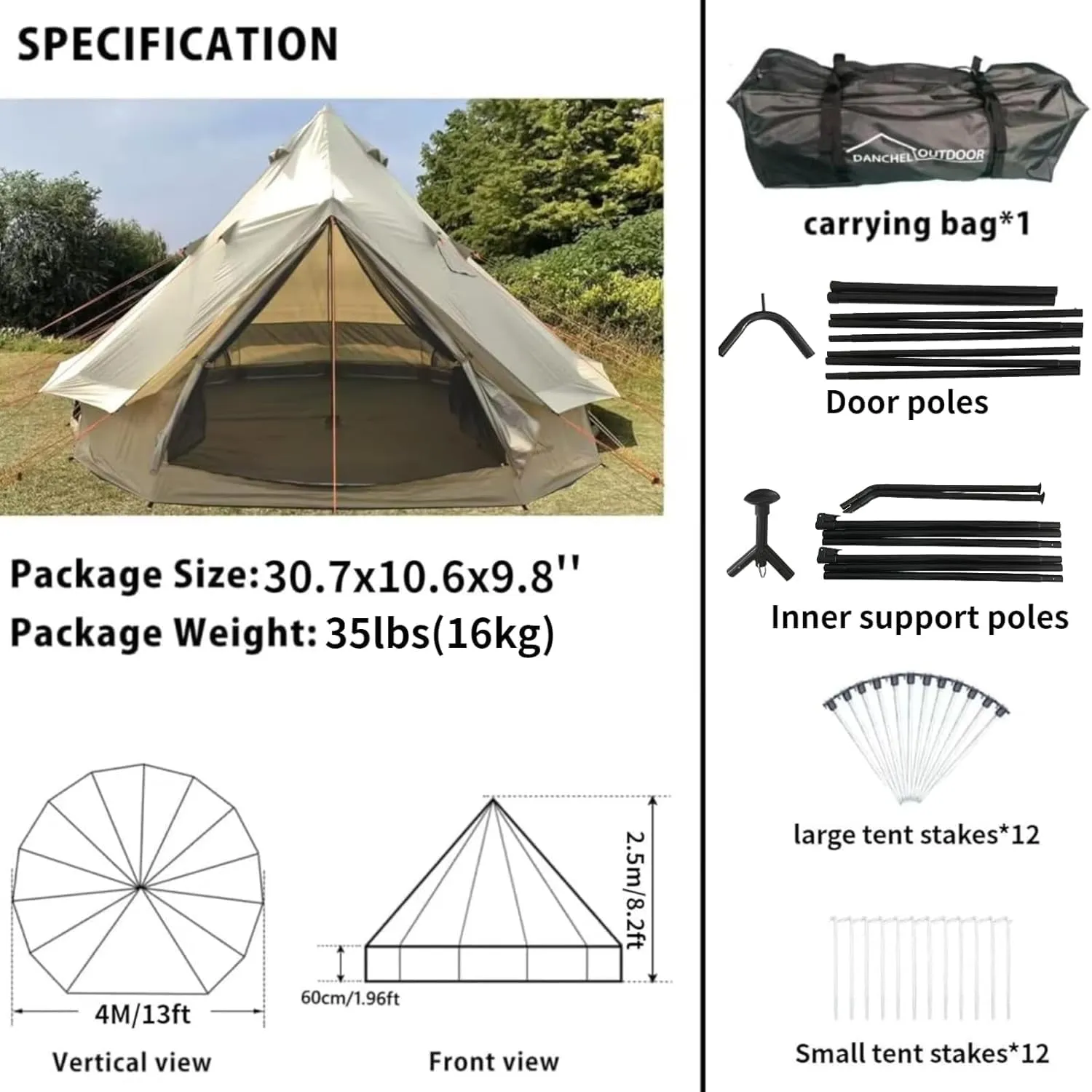 DANCHEL OUTDOOR B2A Waterproof Roomy Interior Yurt Tent, No Center Pole Bell Tent 4/8 Person Family Camping Glamping, 4 Season Hot Tents with Stove Jack 300D Oxford Nylon, 13ft/16.4ft Khaki
