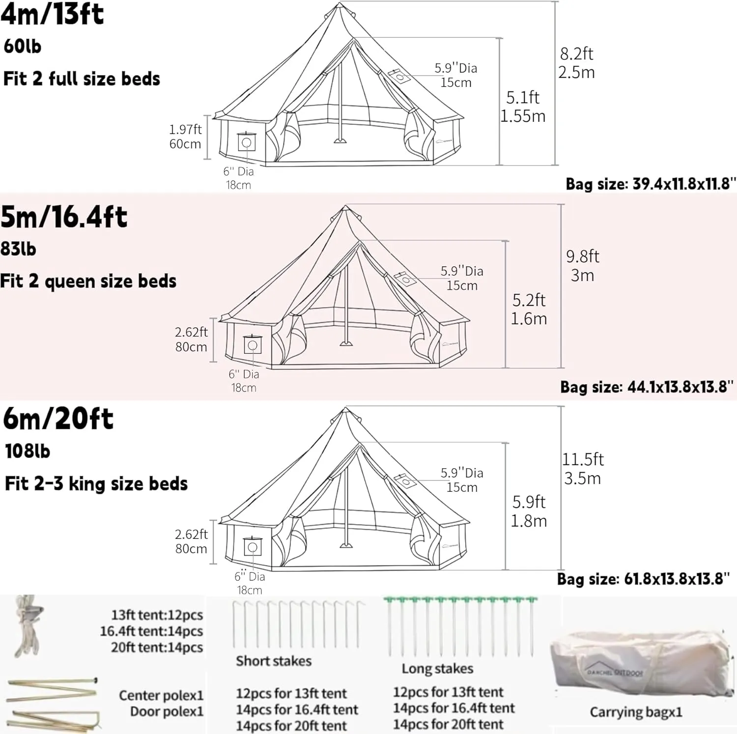 DANCHEL OUTDOOR Canvas Bell Tent with Large Tent Stove, 4 Season Yurt with Stove Jack for All Year Living 4/6/8 Person Hot Tent Camping Glamping, 13/16.4/20ft Khaki
