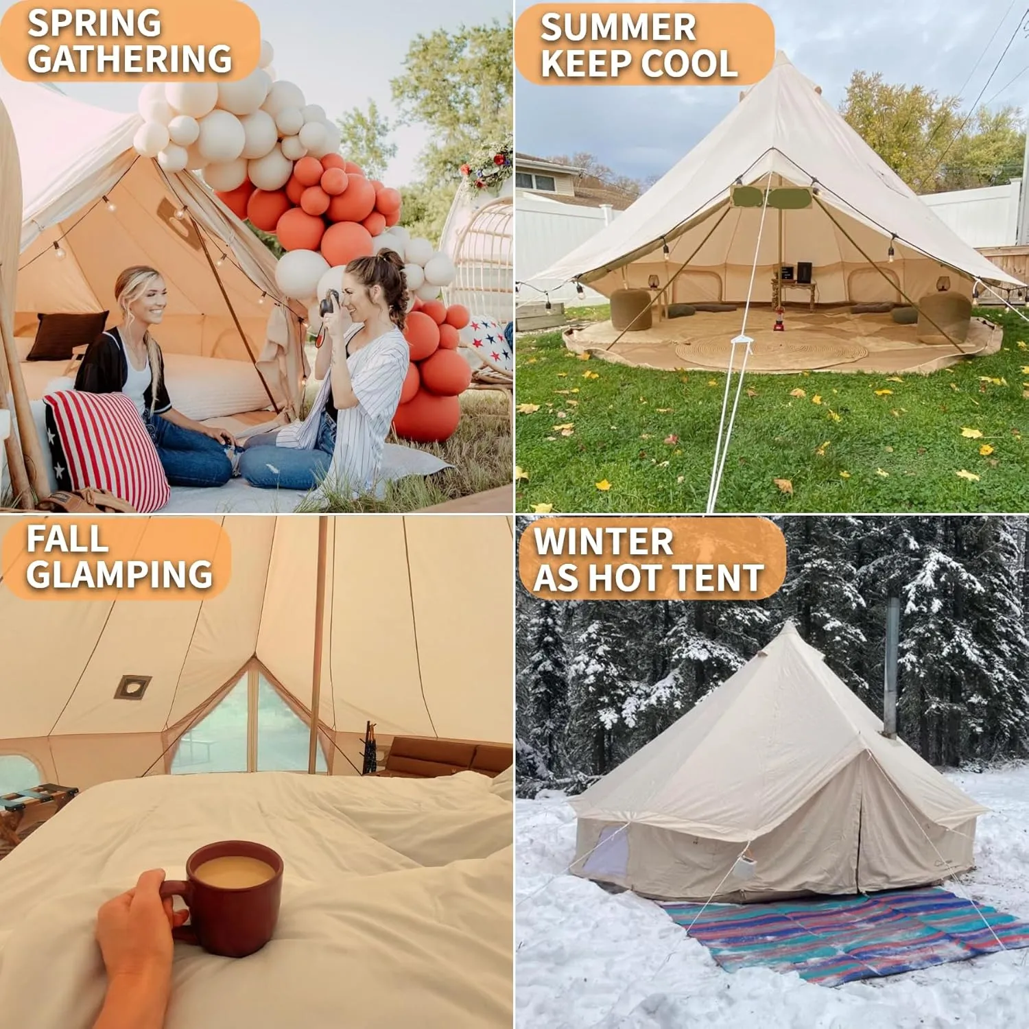 DANCHEL OUTDOOR Canvas Bell Tent with Large Tent Stove, 4 Season Yurt with Stove Jack for All Year Living 4/6/8 Person Hot Tent Camping Glamping, 13/16.4/20ft Khaki