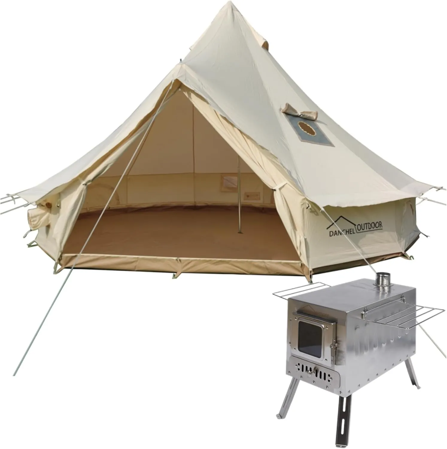 DANCHEL OUTDOOR Canvas Bell Tent with Large Tent Stove, 4 Season Yurt with Stove Jack for All Year Living 4/6/8 Person Hot Tent Camping Glamping, 13/16.4/20ft Khaki