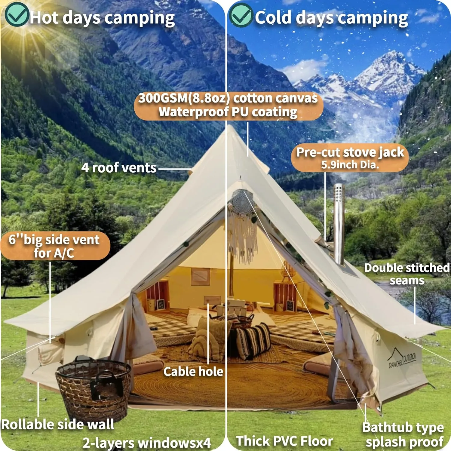 DANCHEL OUTDOOR Canvas Bell Tent with Large Tent Stove, 4 Season Yurt with Stove Jack for All Year Living 4/6/8 Person Hot Tent Camping Glamping, 13/16.4/20ft Khaki