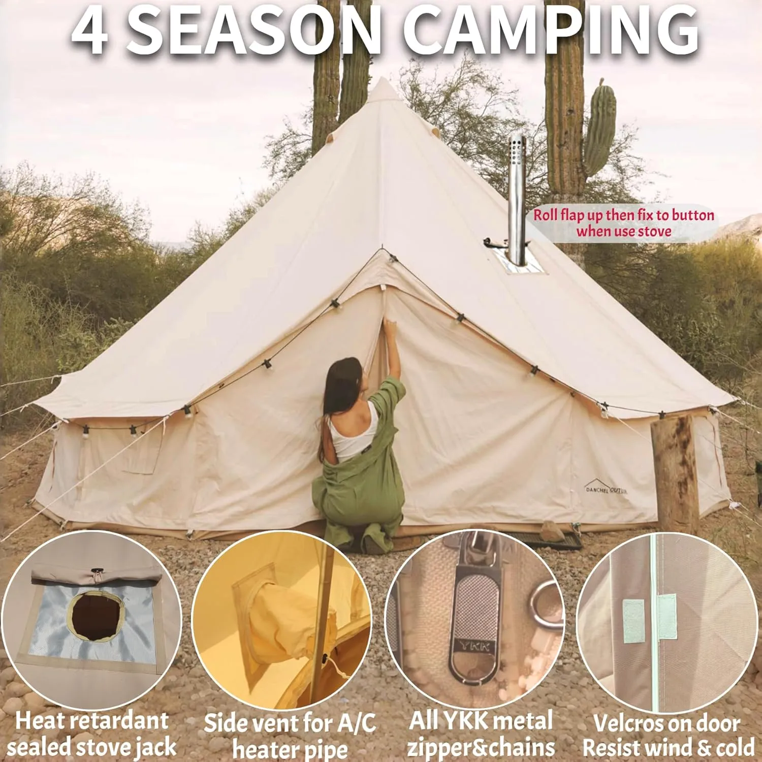 DANCHEL OUTDOOR Canvas Bell Tent with Large Tent Stove, 4 Season Yurt with Stove Jack for All Year Living 4/6/8 Person Hot Tent Camping Glamping, 13/16.4/20ft Khaki