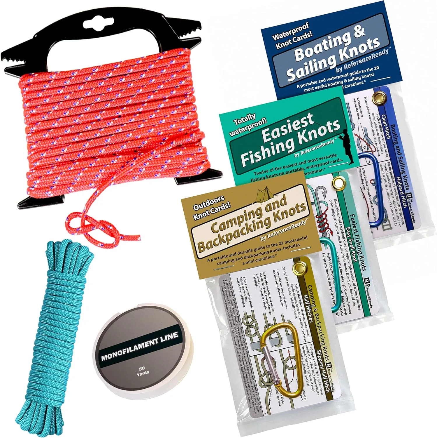 Deluxe Knot Tying Kit with Rope, Cord, Fishing Line, and 3 Knot Tying Guides (Outdoors, Fishing, Boating) for Preppers and Survivalists