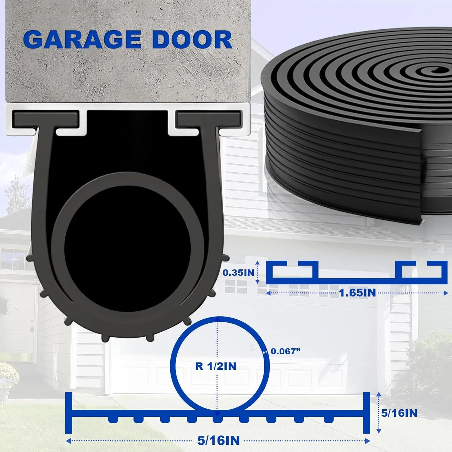DGSL Garage Door Seals Bottom Rubber Weather Stripping Kit Seal Strip Replacement,Universal Weatherproof Threshold Buffering Sealing Rubber 5/16 Inch T Ends, 3 3/4 Inch Width (20 Ft, Black)