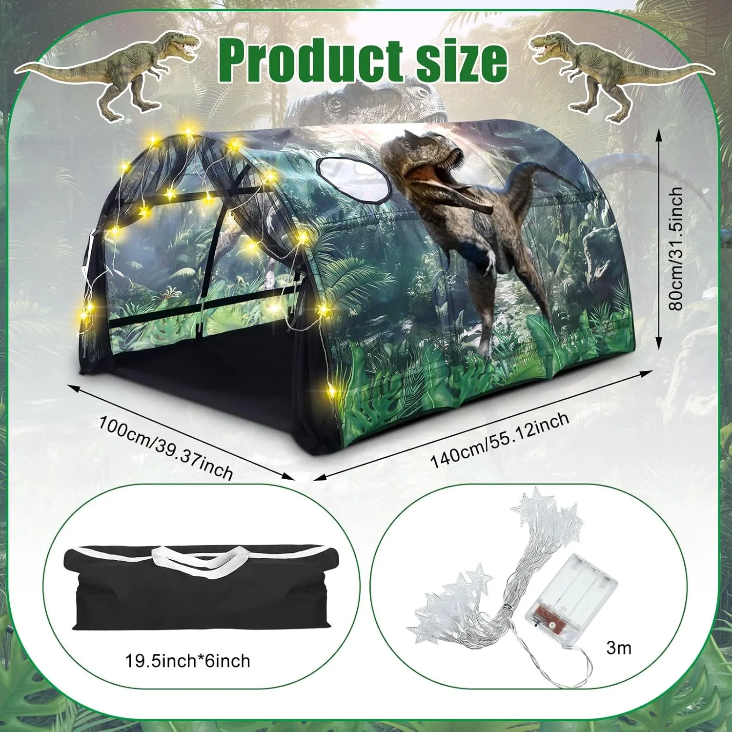 Dinosaur Bed Tent for Kids Large Kids Twin Tent Toddler Play Bed with Carry Bag Foldable with String Lights for Girls Boys Bedroom Indoor Games