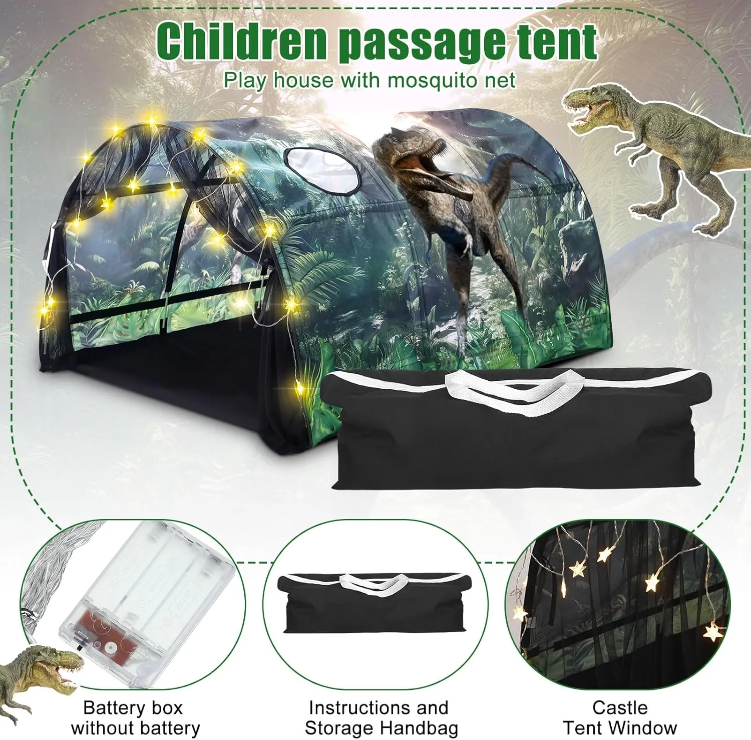 Dinosaur Bed Tent for Kids Large Kids Twin Tent Toddler Play Bed with Carry Bag Foldable with String Lights for Girls Boys Bedroom Indoor Games