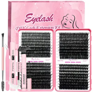 DIY Lash Extension Kit 684pcs Individual Lashes Clusters D Curl Eyelash Extension Kit with Lash Bond and Seal,Eyelash Remover Tweezers Brush(10-18mm,50D 60D 80D 100D) Lash Books DIY at Home