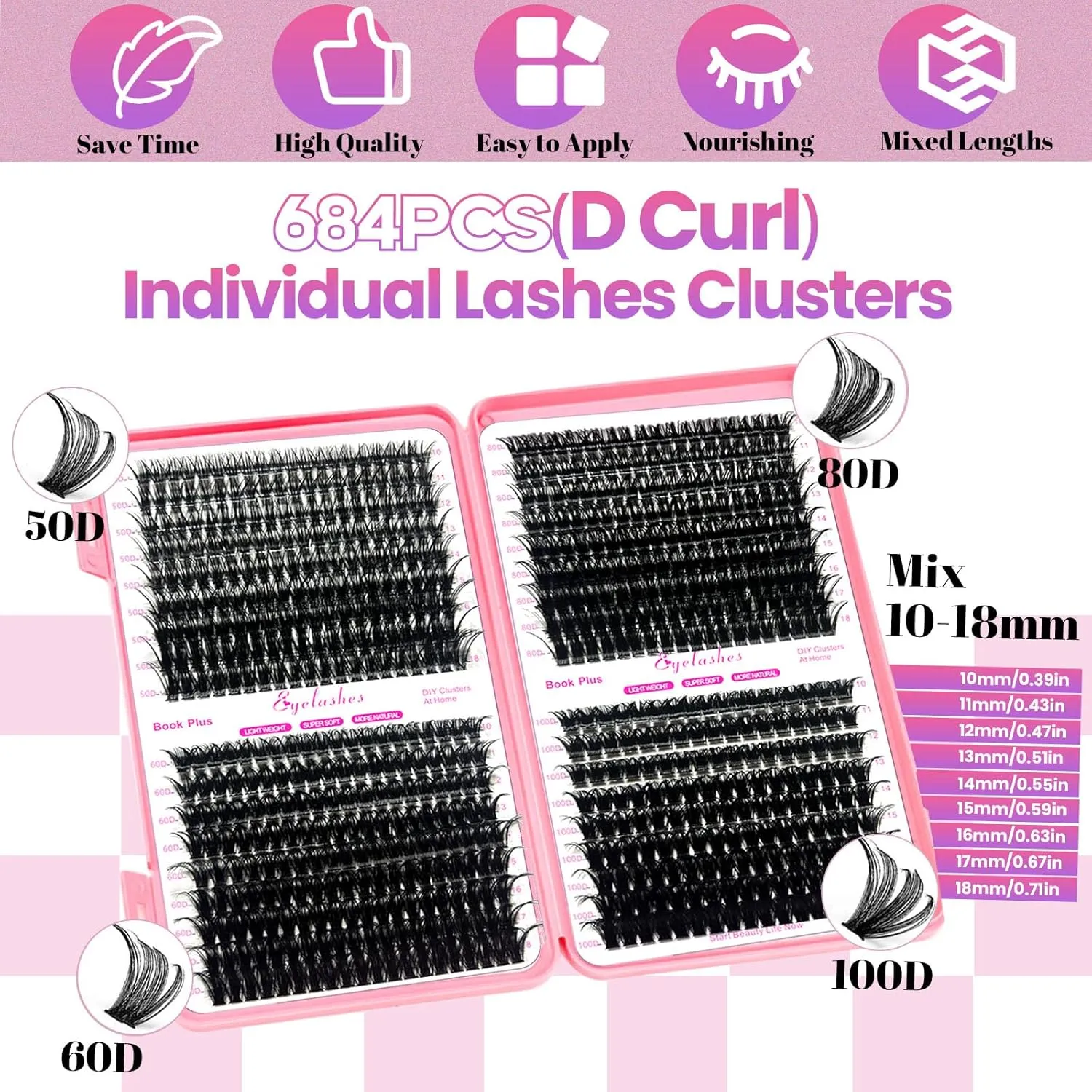 DIY Lash Extension Kit 684pcs Individual Lashes Clusters D Curl Eyelash Extension Kit with Lash Bond and Seal,Eyelash Remover Tweezers Brush(10-18mm,50D 60D 80D 100D) Lash Books DIY at Home