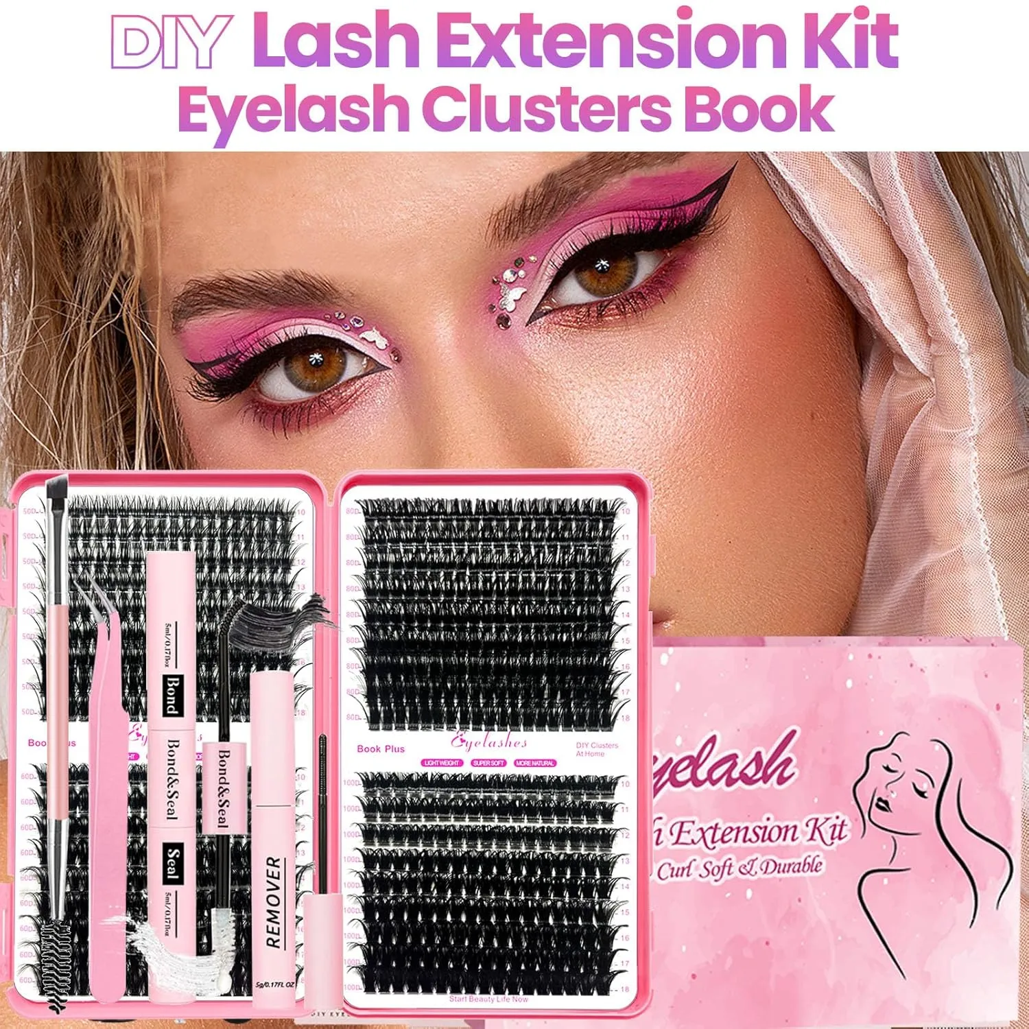 DIY Lash Extension Kit 684pcs Individual Lashes Clusters D Curl Eyelash Extension Kit with Lash Bond and Seal,Eyelash Remover Tweezers Brush(10-18mm,50D 60D 80D 100D) Lash Books DIY at Home