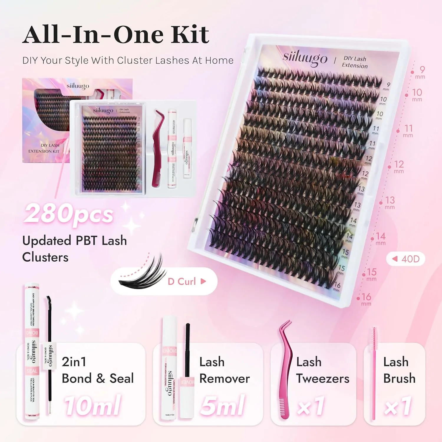 DIY Lash Extensions Kit 280PCS Individual Lashes Clusters,9-16mm MIX 40D Fluffy and Natural False Eyelashes,Wispy and Volumn,with Lash Bond and Seal,Tweezers,Glue Remover,Easy Use At Home