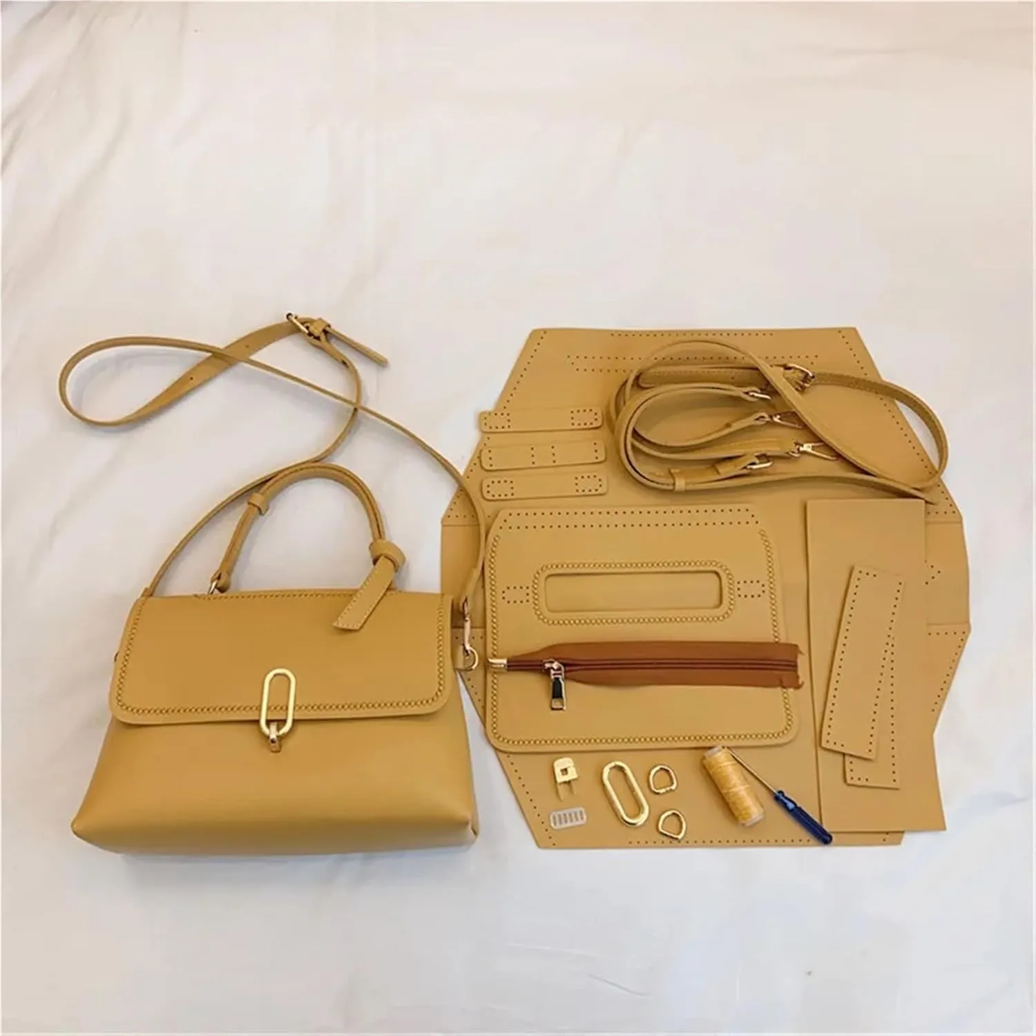 DIY Leather Bag Kit Women Shoulder Handbag Solid Color Messenger Small Square Bag DIY Material Set(Khaki Material Bag)