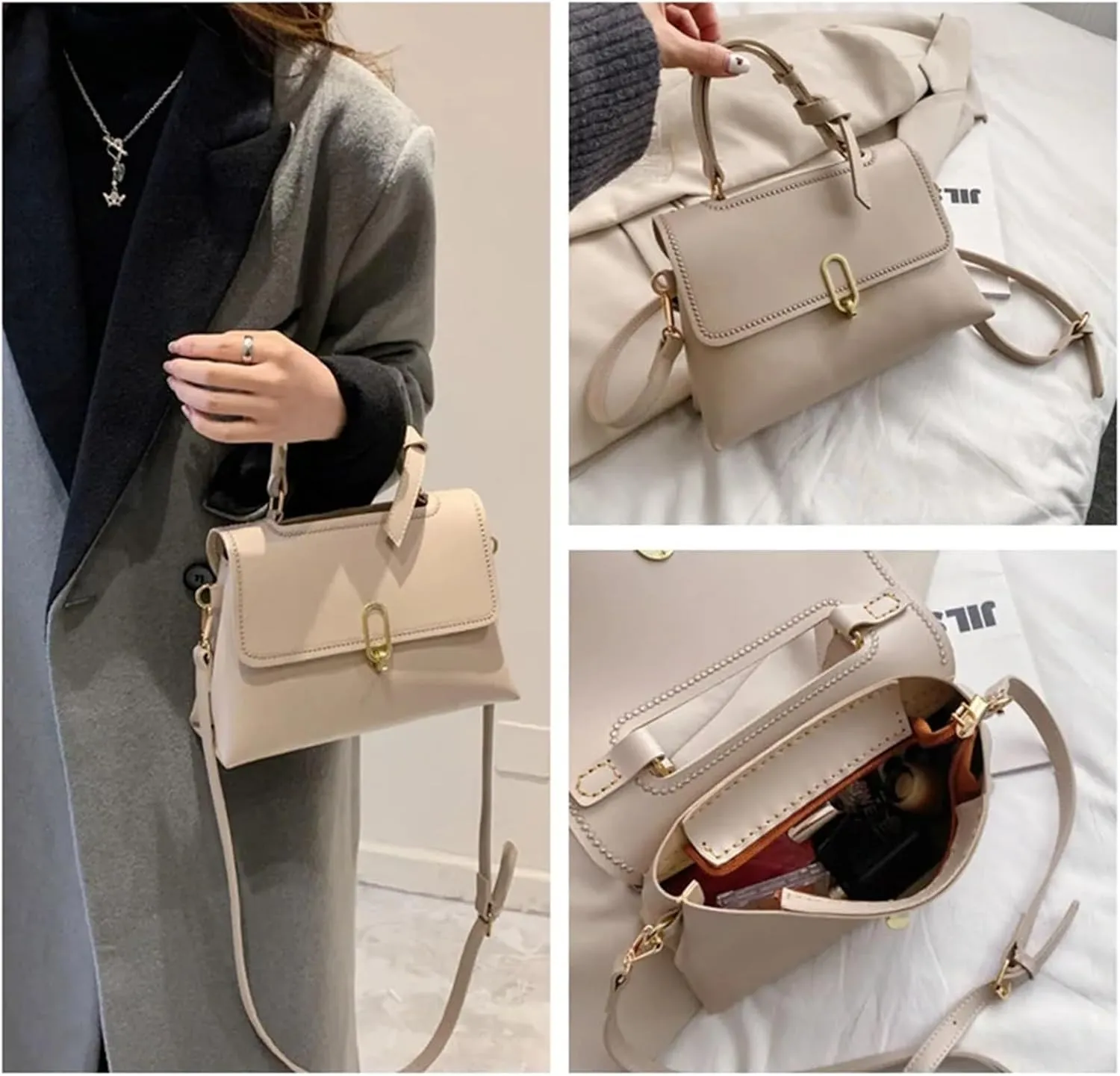 DIY Leather Bag Kit Women Shoulder Handbag Solid Color Messenger Small Square Bag DIY Material Set(Khaki Material Bag)