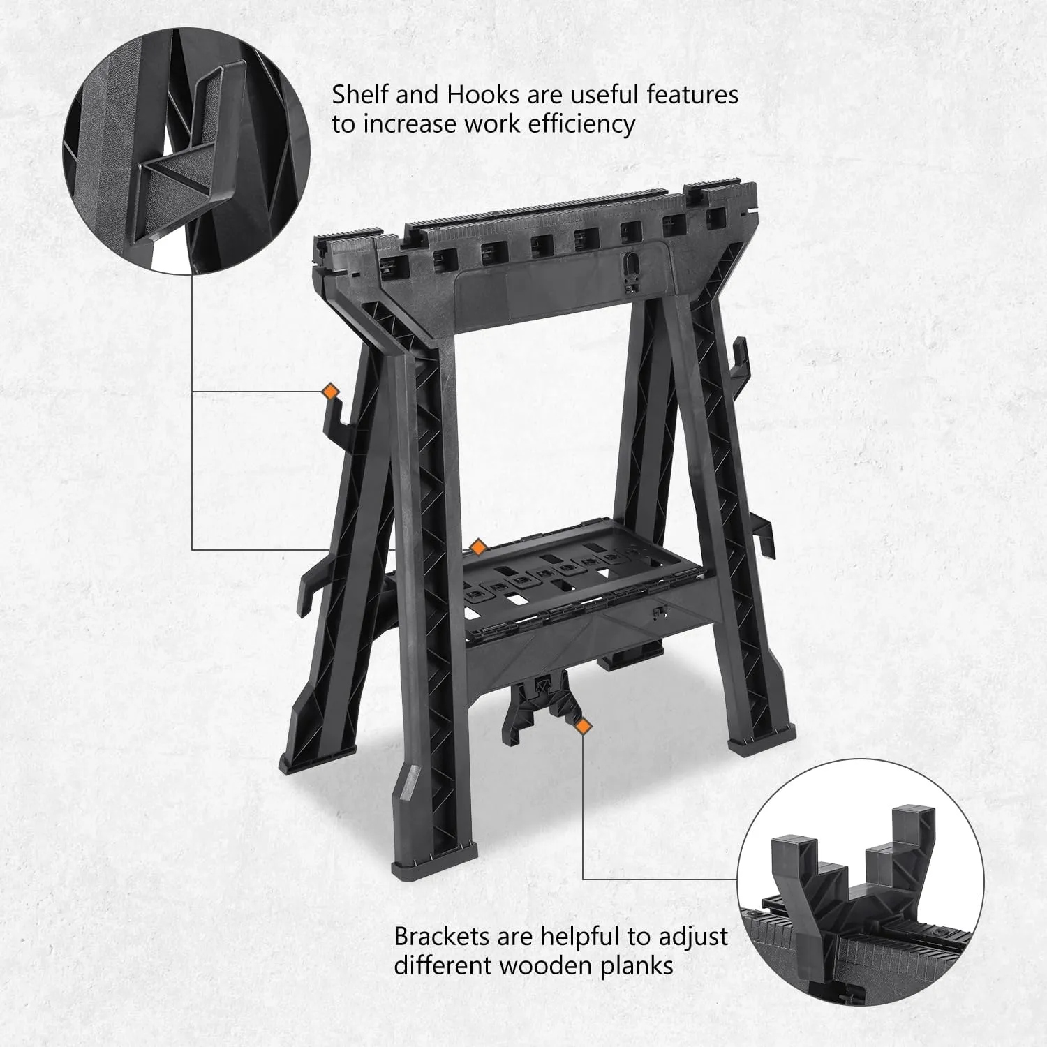 DNA MOTORING Heavy Duty 1000 lb / 450 kgs Capacity Folding Saw Horse For Slicing, Work Bench Assembly, with Clamps, Black, 2pc, TOOLS-00471