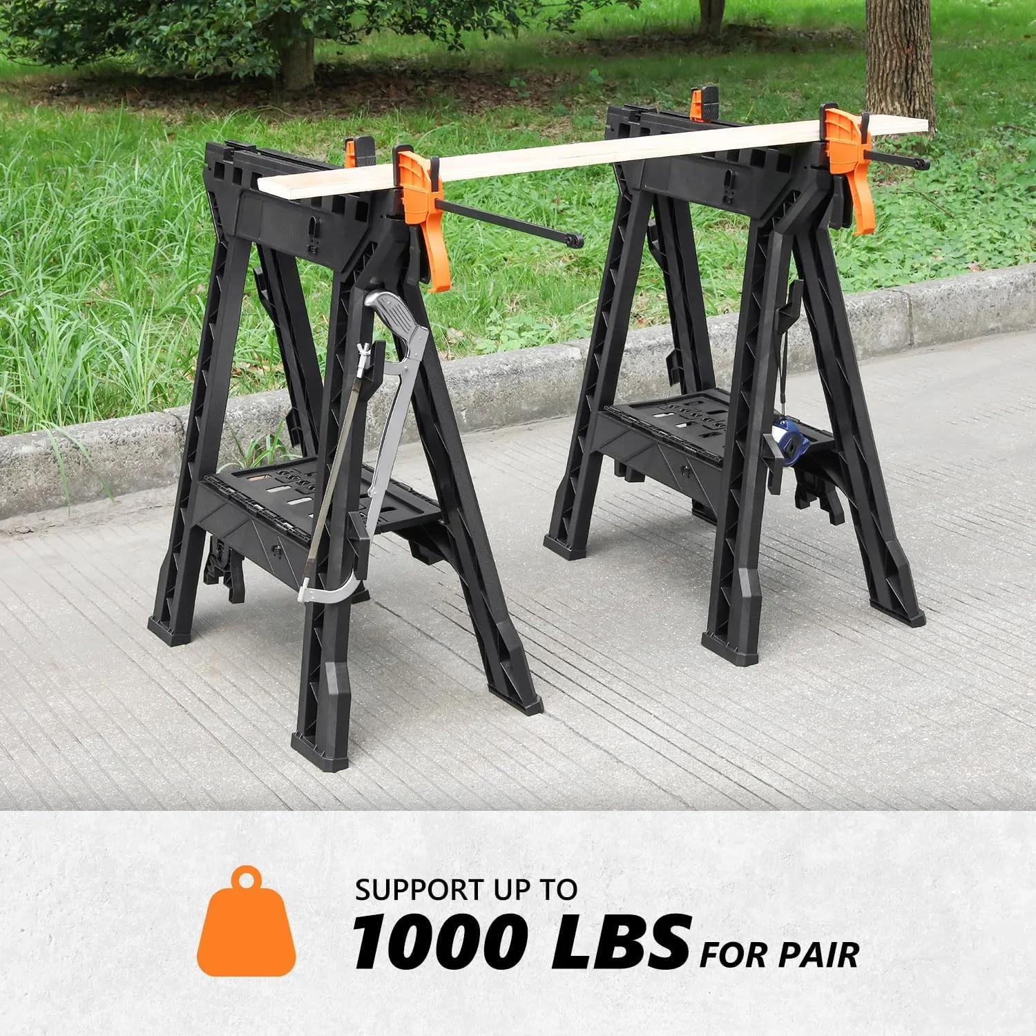 DNA MOTORING Heavy Duty 1000 lb / 450 kgs Capacity Folding Saw Horse For Slicing, Work Bench Assembly, with Clamps, Black, 2pc, TOOLS-00471