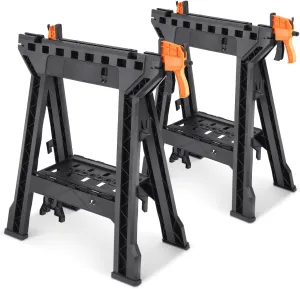 DNA MOTORING Heavy Duty 1000 lb / 450 kgs Capacity Folding Saw Horse For Slicing, Work Bench Assembly, with Clamps, Black, 2pc, TOOLS-00471