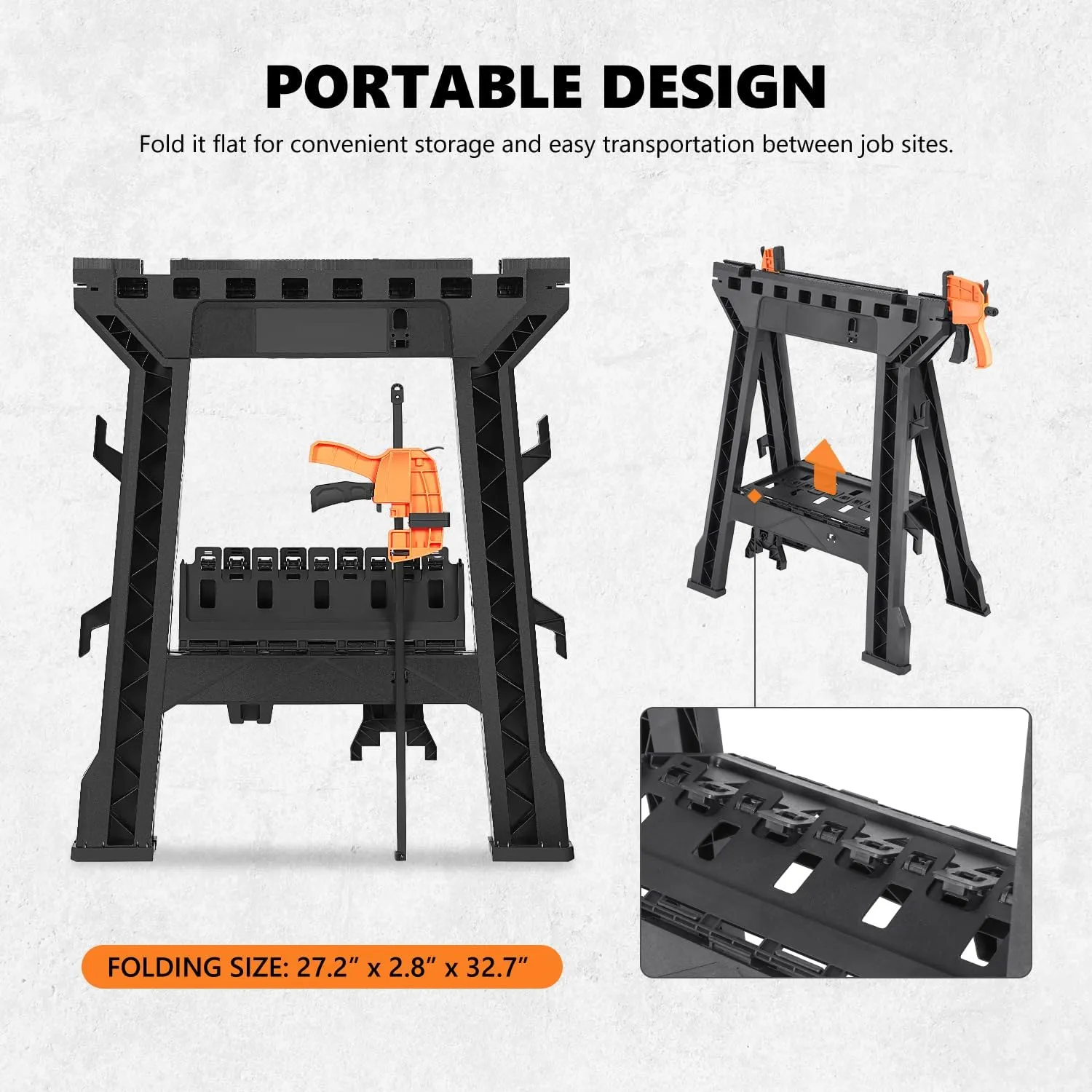 DNA MOTORING Heavy Duty 1000 lb / 450 kgs Capacity Folding Saw Horse For Slicing, Work Bench Assembly, with Clamps, Black, 2pc, TOOLS-00471