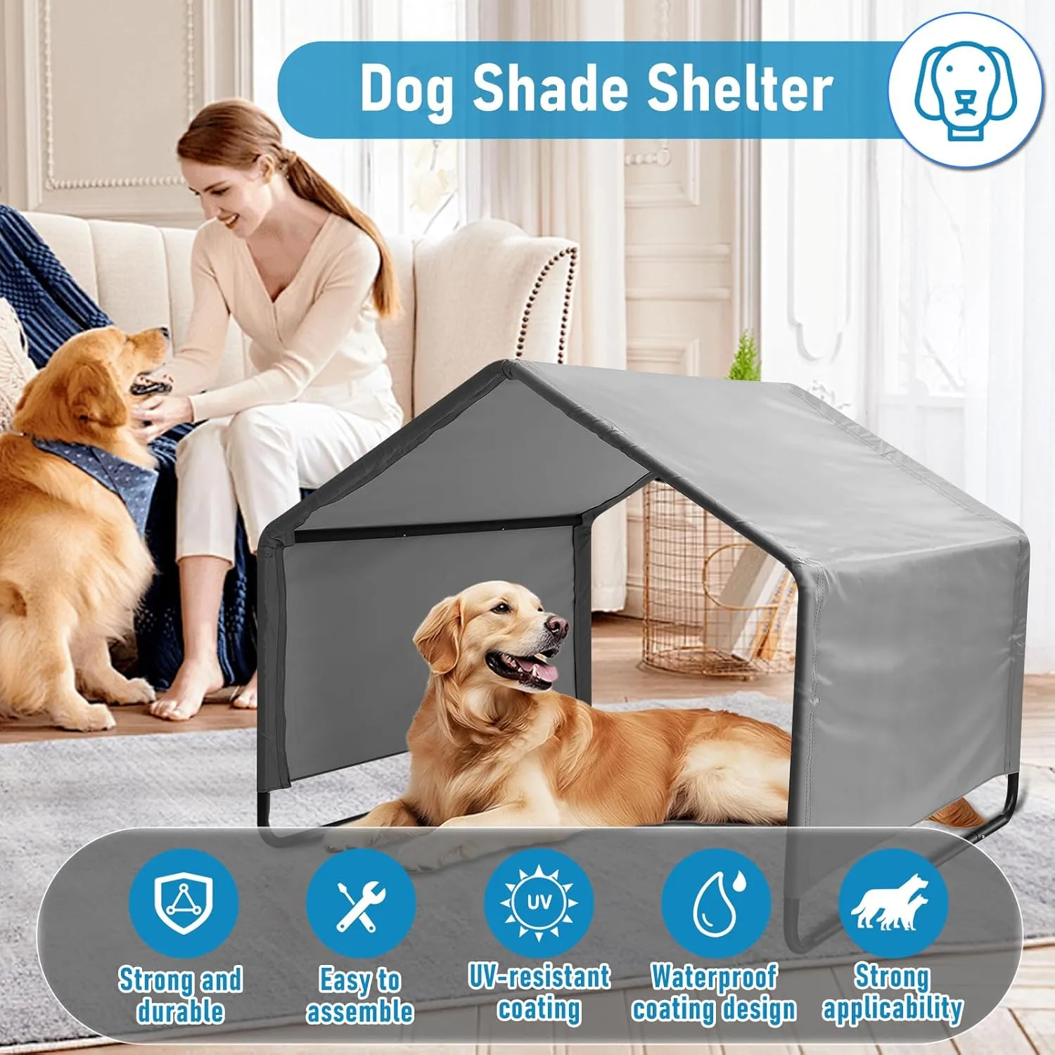 Dog Shade Shelter, Multifunctional Pet Outdoor Tent, Outside Sun Rain Canopy Pet House with Waterproofing Roof for Dogs Cats (Gray, Extra Large)