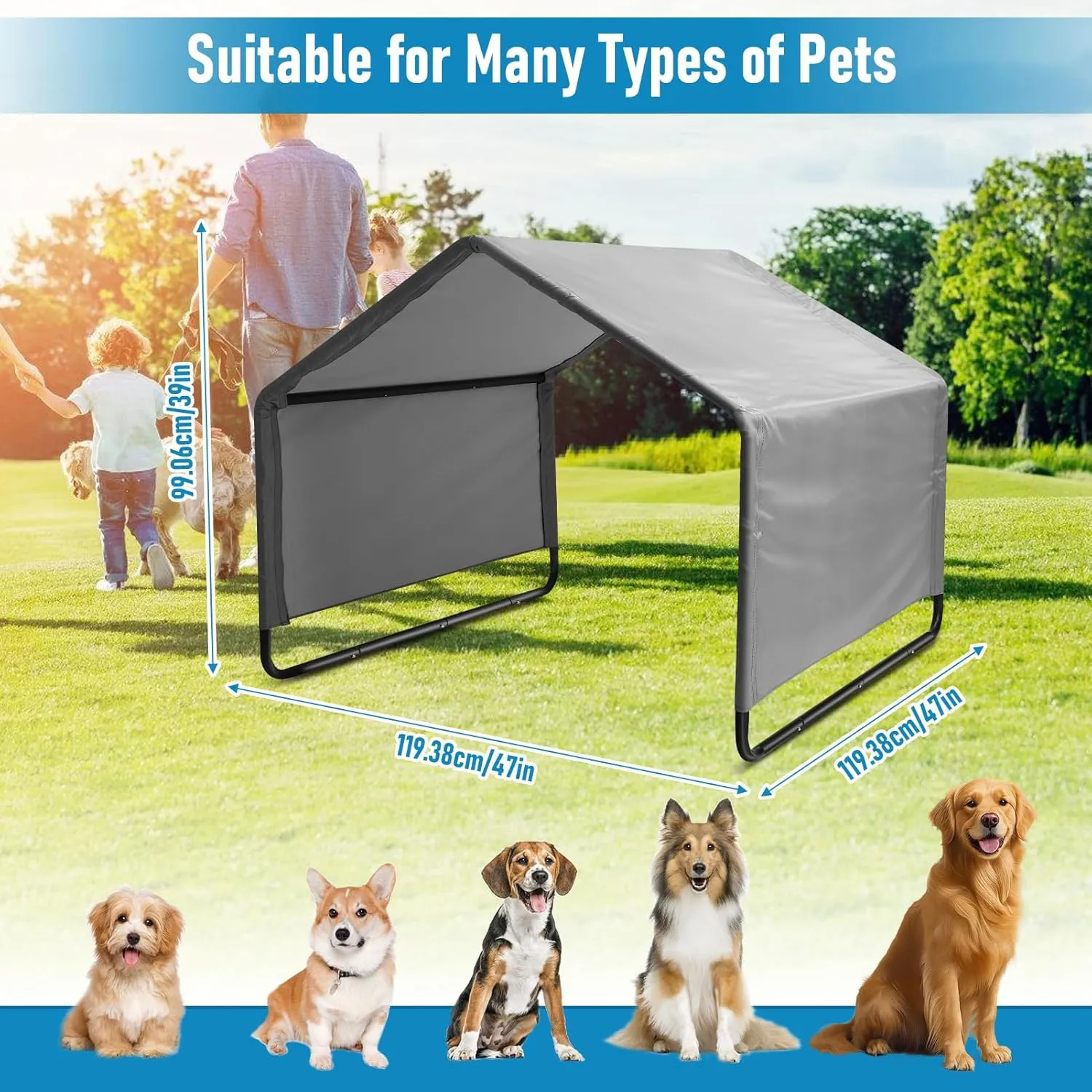 Dog Shade Shelter, Multifunctional Pet Outdoor Tent, Outside Sun Rain Canopy Pet House with Waterproofing Roof for Dogs Cats (Gray, Extra Large)