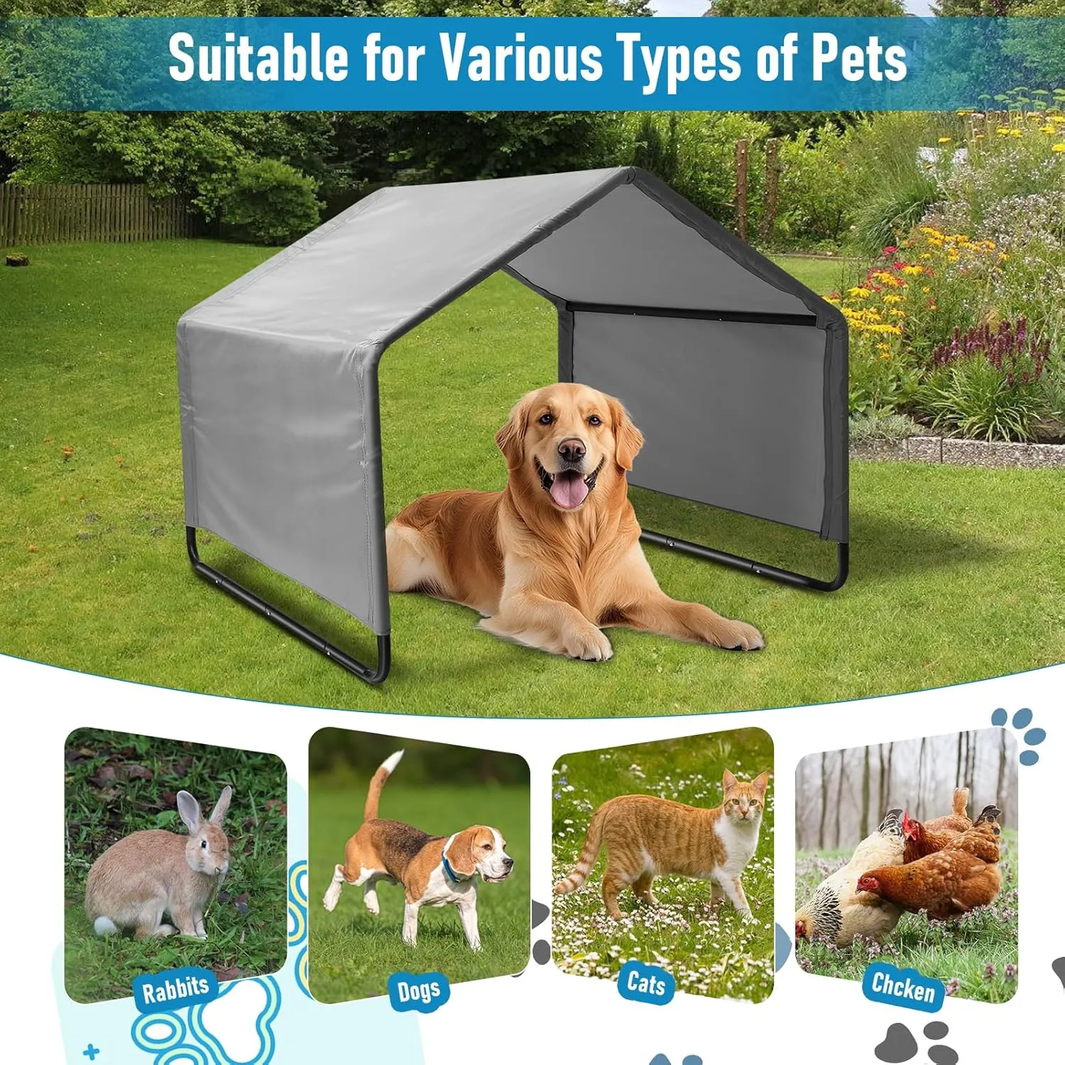 Dog Shade Shelter, Multifunctional Pet Outdoor Tent, Outside Sun Rain Canopy Pet House with Waterproofing Roof for Dogs Cats (Gray, Extra Large)