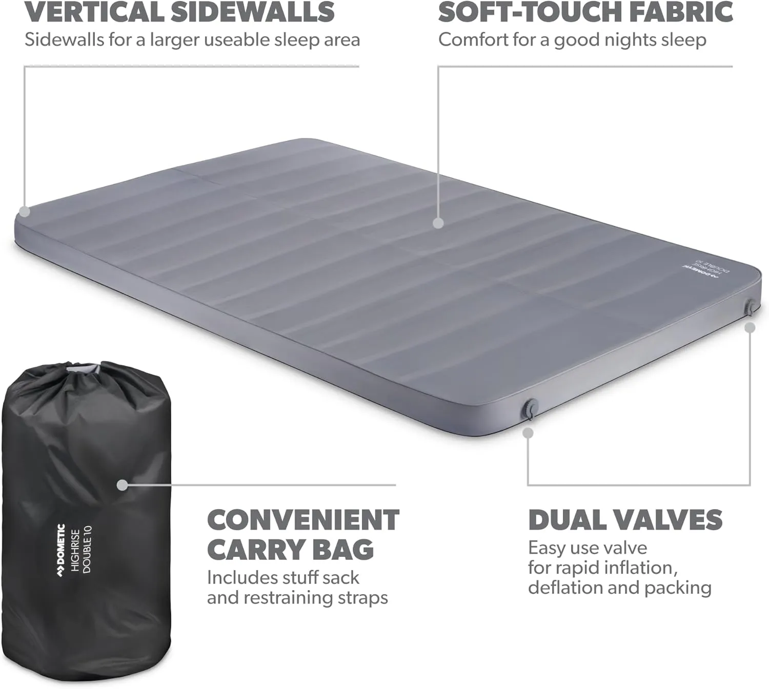 Dometic High Rise 10 Self-Inflating Double Air Mattress | Slip Resitant | Durable | Fits Two People | Carrying Case Included