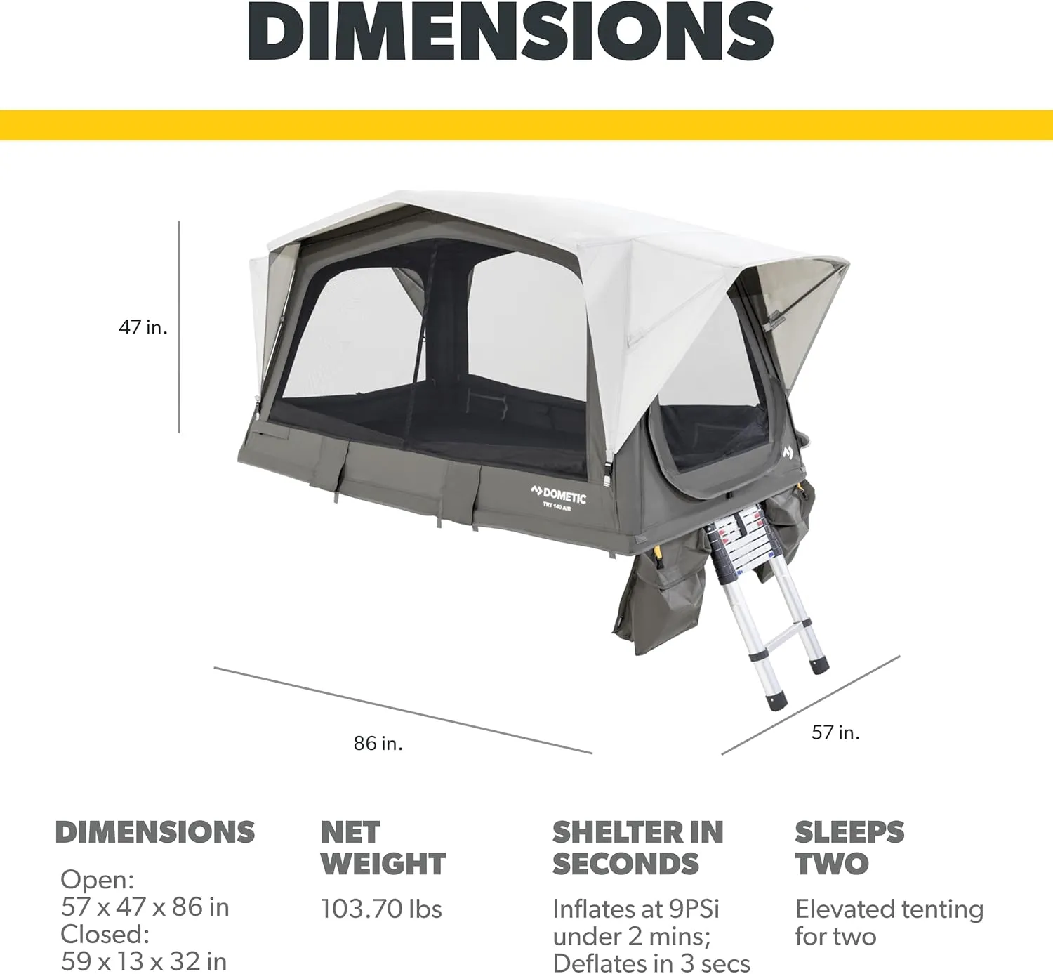 Dometic TRT 140 AIR, Inflatable Rooftop Tent, Fits 2 People, Made with Weathershield™ TC Material and a Tri-Fold Design, Ladder and Pump Included