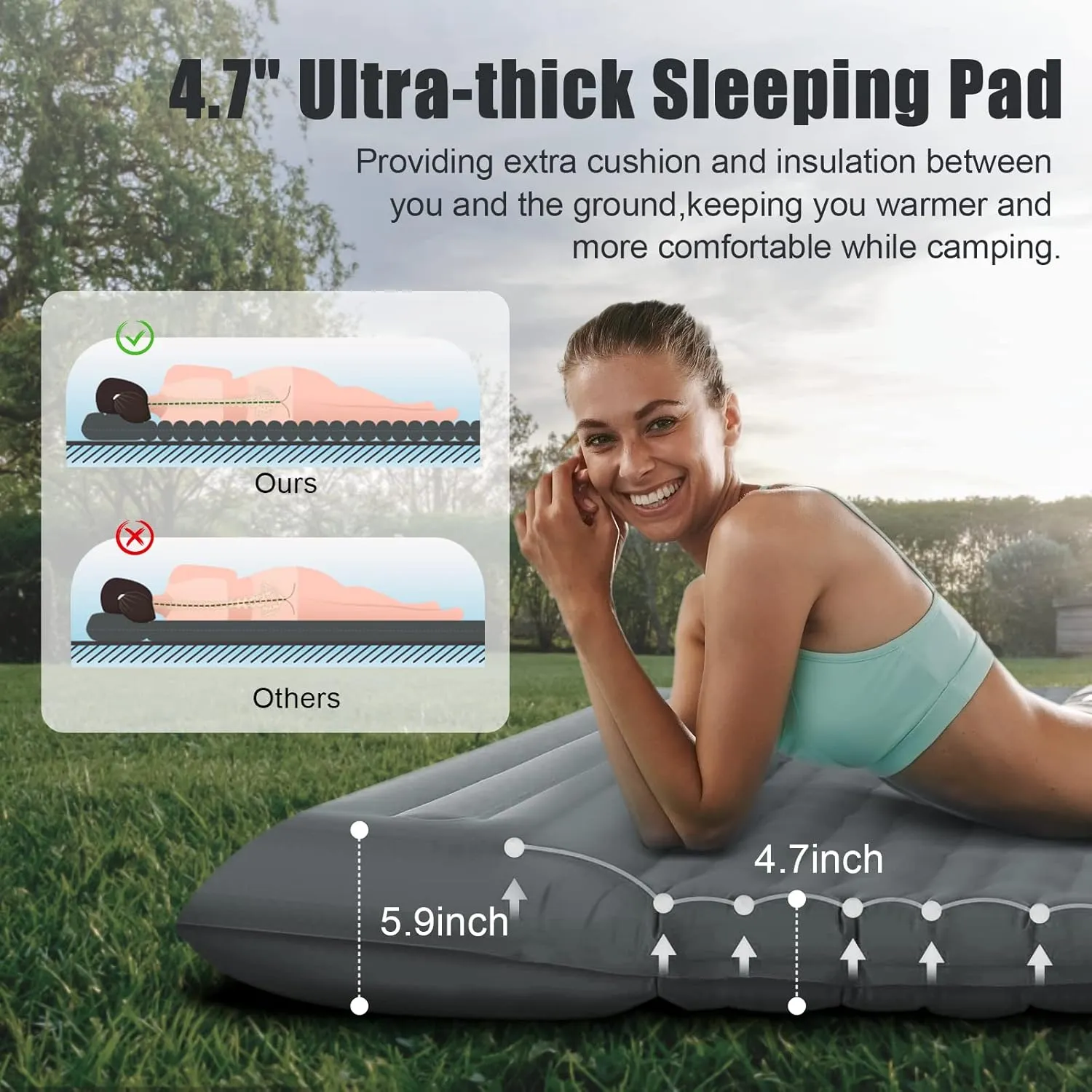Double Sleeping Pad for Camping with Built-in Foot Pump, Extra Thick 4.7 Inch Inflatable Sleeping Pat and Pillow for Backpacking, Hiking, and Traveling