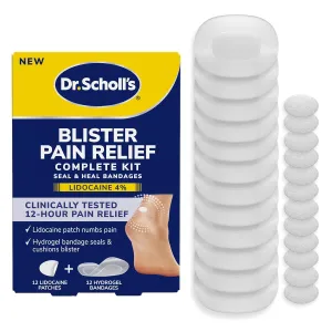 Dr. Scholl’s Blister Pain Relief Complete Kit, 12 ct - The Only Blister Treatment with an Active Pain Reliever, Seal & Heal Bandages with Hydrogel Technology, Blister Pads, 4% Lidocaine to Numb Pain