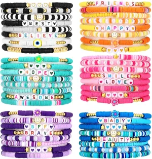 Draupnir 48 Pcs Friendship Bracelets Heishi Surfer Clay Bead Bracelets Set Stackable Beaded Preppy Jewelry Bracelets Friendship Boho Y2K Bracelets for Women Teen Girls Party Favors