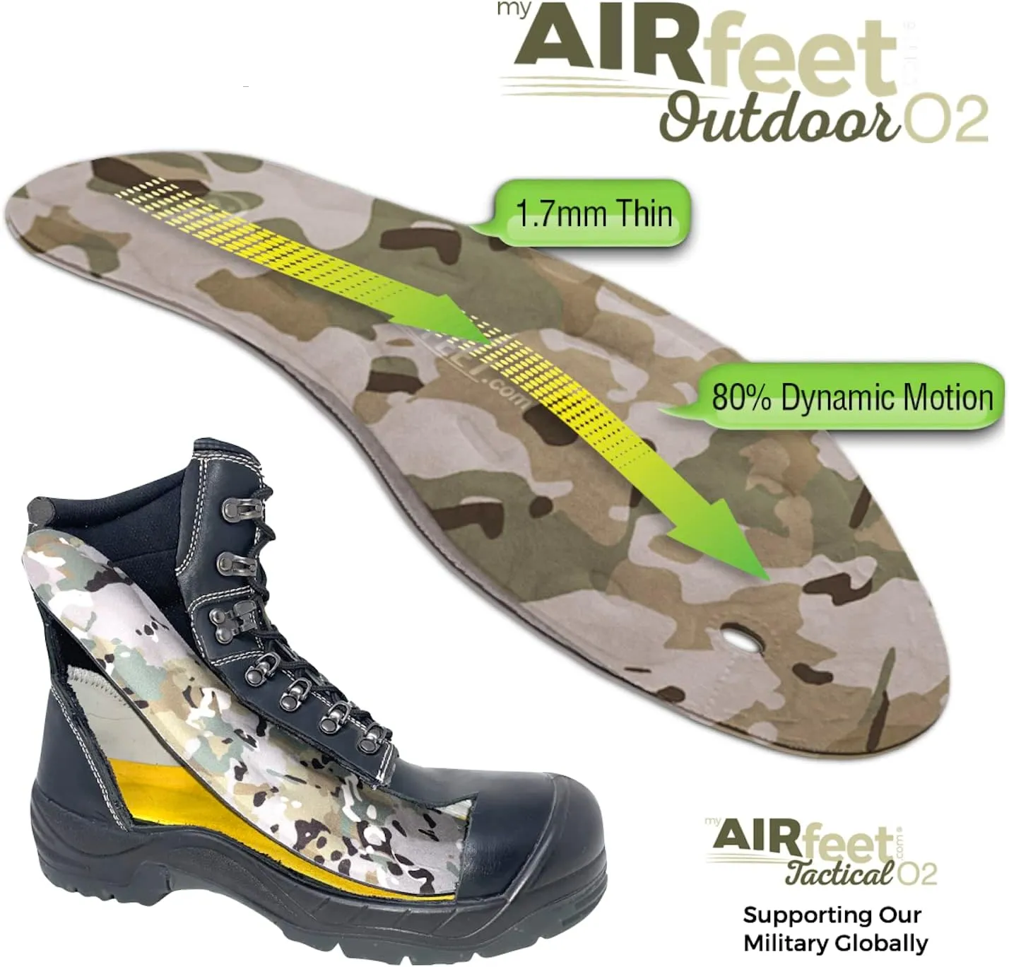Dynamic Active Arch Support, AIRfeet Outdoor O2, Shoe Insoles relieves Pain associated to Plantar Fasciitis, Flat Feet Designed specifically for Hiking, Hunting, Outdoor Recreation (Large)