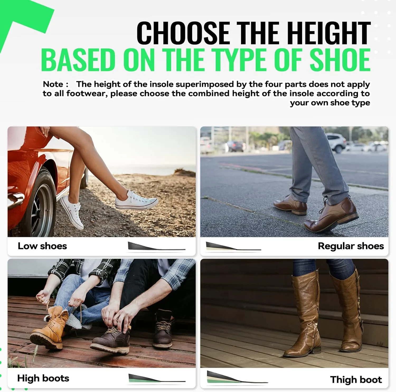 DynWalker Lift Insole Boost Inner Sole 2.95 Inch Heel Pads for Shoes Anti-Slip Flexible Soft Cushioned Heel Massage for Uneven Legs Adjustable Size 2 Layer L Green