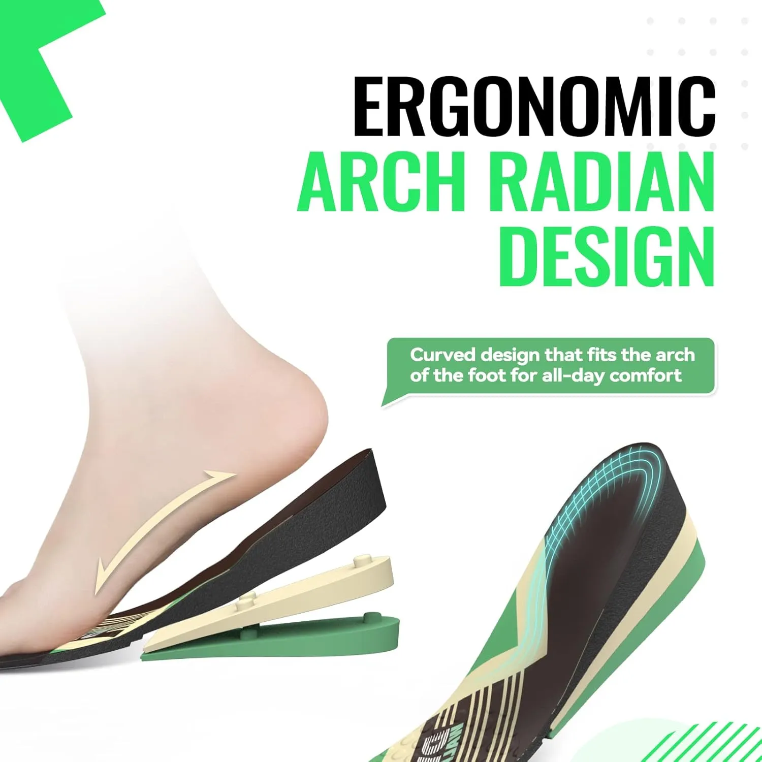 DynWalker Lift Insole Boost Inner Sole 2.95 Inch Heel Pads for Shoes Anti-Slip Flexible Soft Cushioned Heel Massage for Uneven Legs Adjustable Size 2 Layer L Green