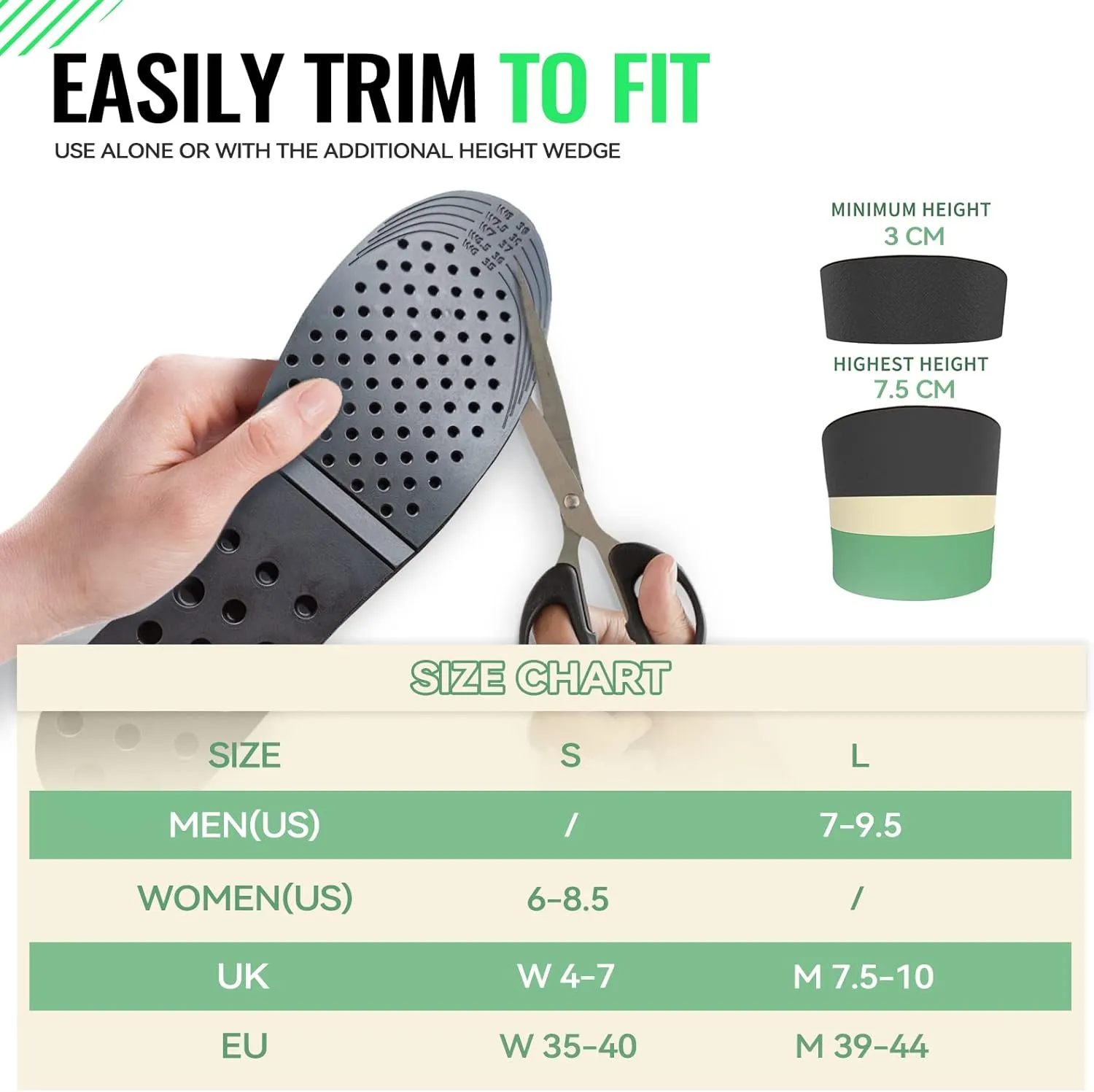 DynWalker Lift Insole Boost Inner Sole 2.95 Inch Heel Pads for Shoes Anti-Slip Flexible Soft Cushioned Heel Massage for Uneven Legs Adjustable Size 2 Layer L Green