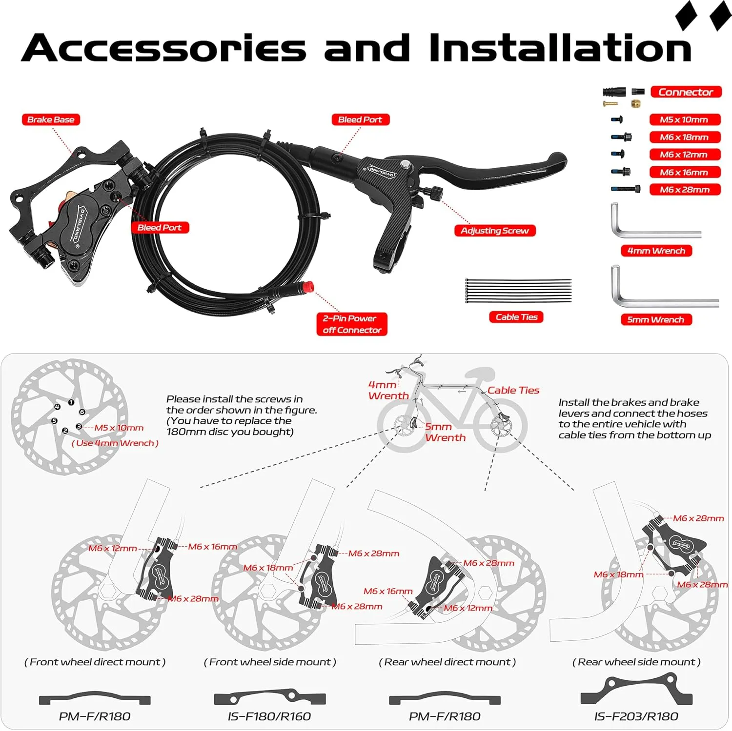 E-Bike Hydraulic Disc Brake Set 4-Pistons/2-Pistons, 2-PIN/3-PIN Pre-Bled with Mineral Oil Brakes Kit，Front and Rear Set，180mm 2.3mm Thick Rotors
