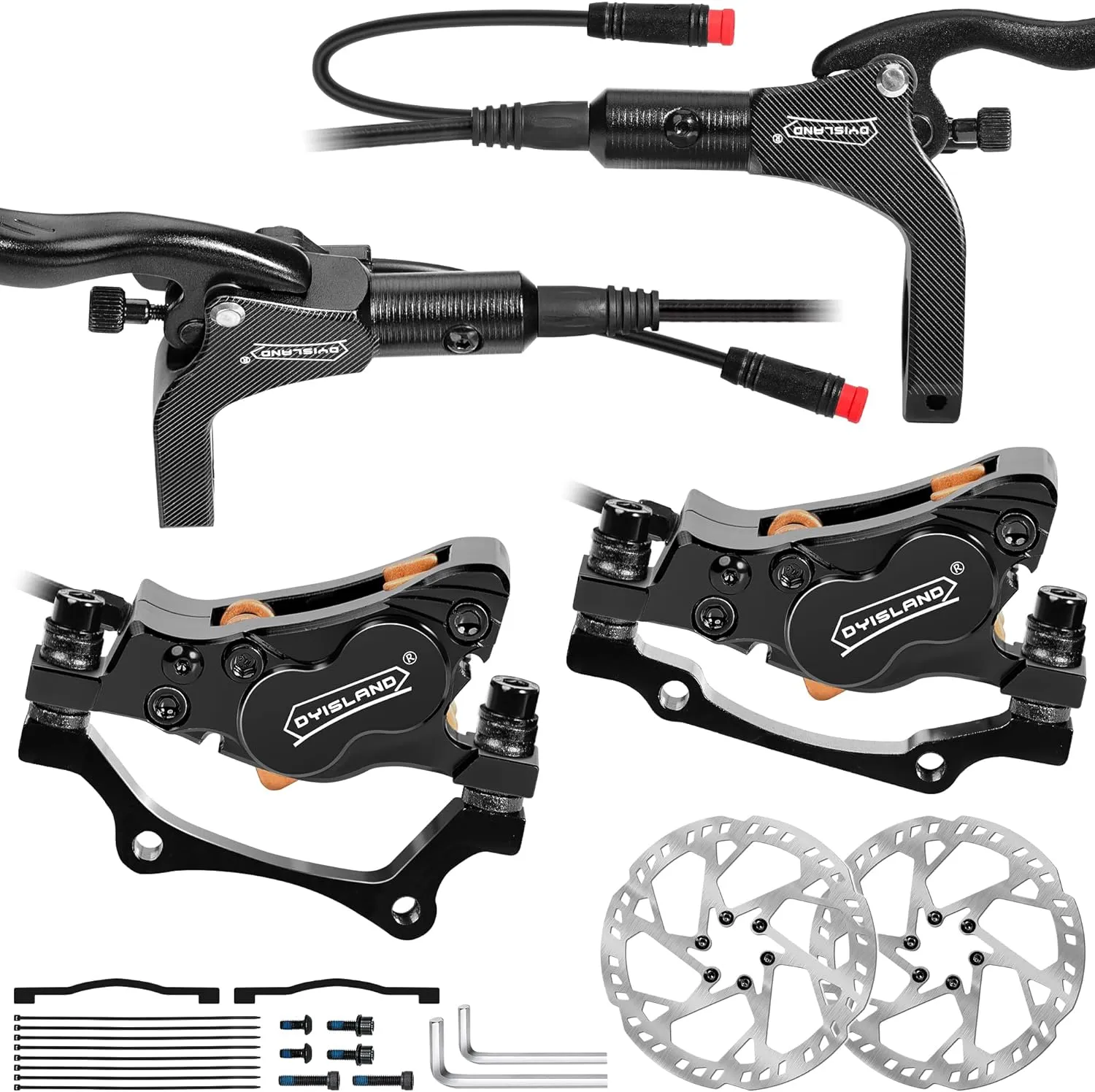 E-Bike Hydraulic Disc Brake Set 4-Pistons/2-Pistons, 2-PIN/3-PIN Pre-Bled with Mineral Oil Brakes Kit，Front and Rear Set，180mm 2.3mm Thick Rotors
