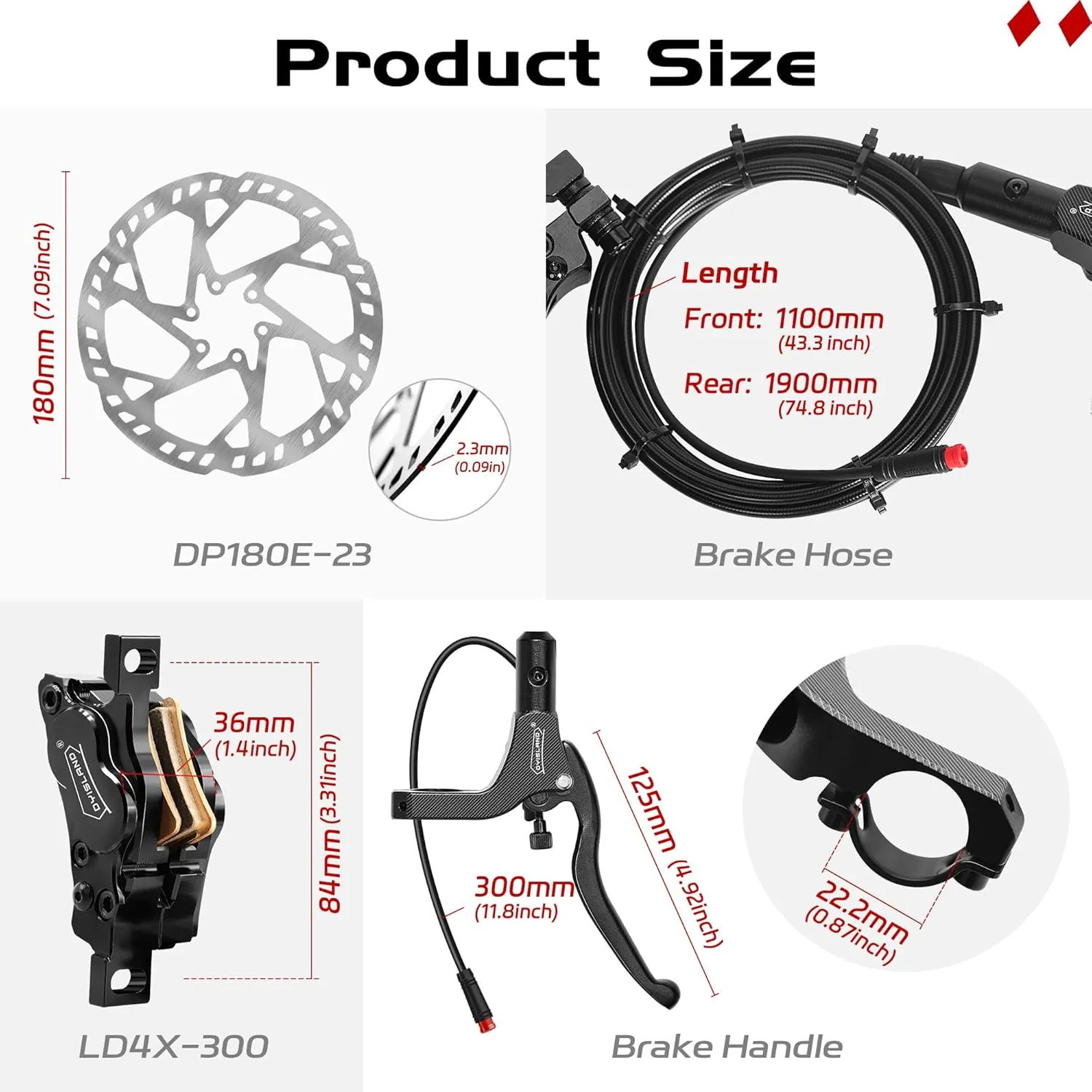E-Bike Hydraulic Disc Brake Set 4-Pistons/2-Pistons, 2-PIN/3-PIN Pre-Bled with Mineral Oil Brakes Kit，Front and Rear Set，180mm 2.3mm Thick Rotors