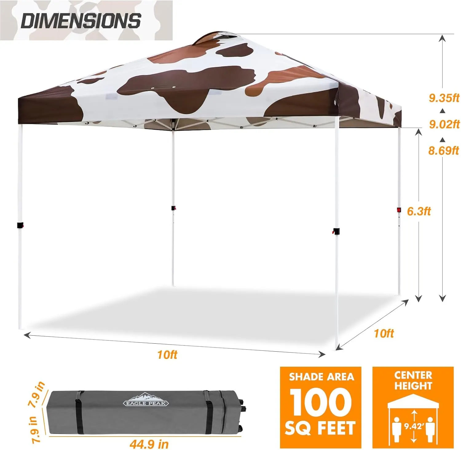 EAGLE PEAK Pop Up Canopy Tent with Wheeled Carry Bag (Brown Cow Print, 10x10)