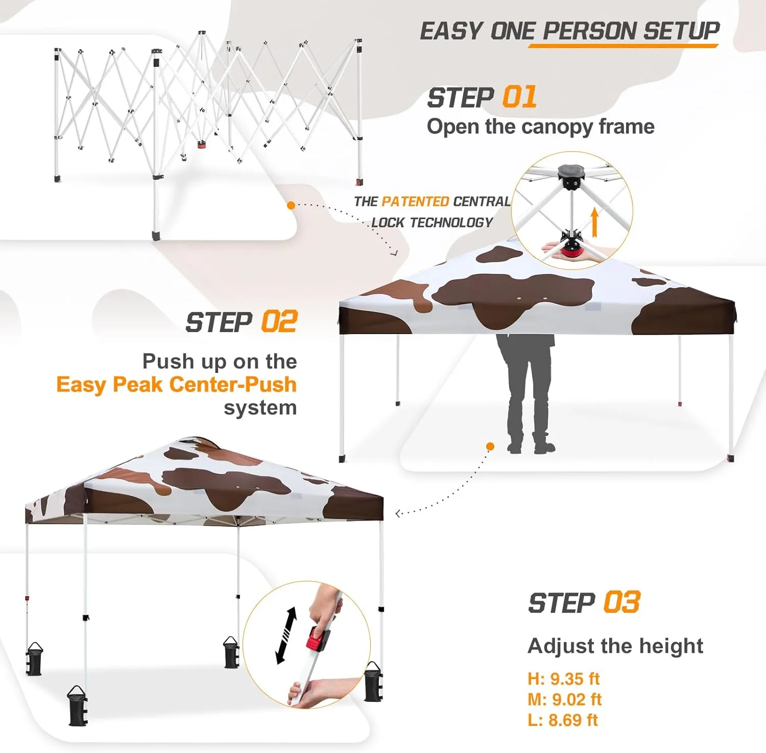 EAGLE PEAK Pop Up Canopy Tent with Wheeled Carry Bag (Brown Cow Print, 10x10)