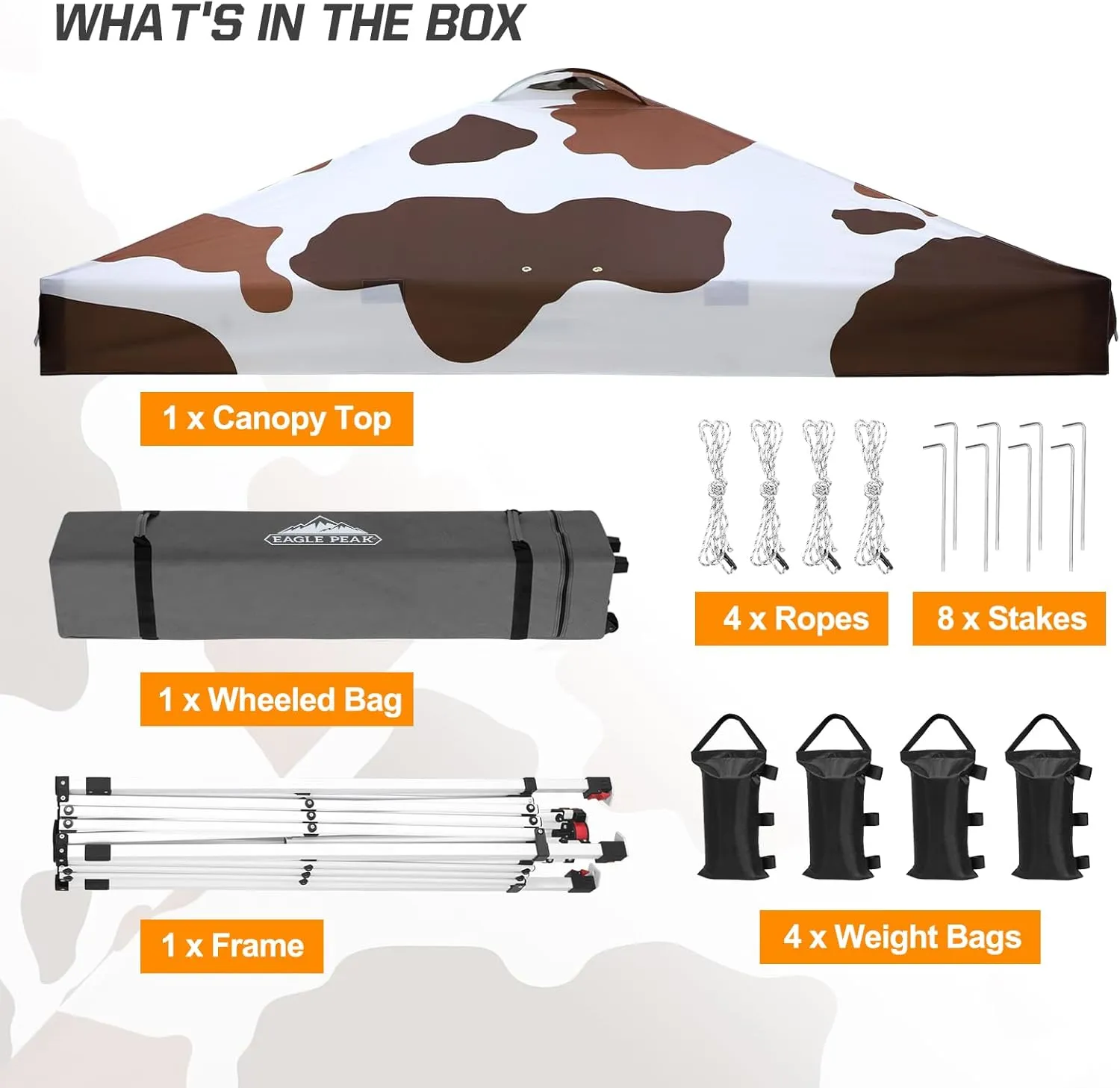EAGLE PEAK Pop Up Canopy Tent with Wheeled Carry Bag (Brown Cow Print, 10x10)