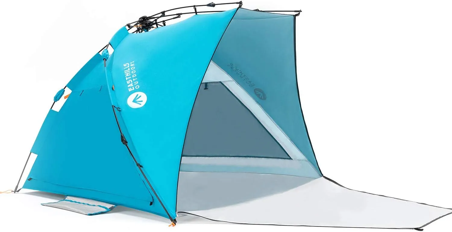 Easthills Outdoors Coastview Classic L 2-4 Person Beach Tent Quick Setup Instant Anti UV Double Silver Coated Sun Shelter with Extended Floor & Big Window Pacific Blue