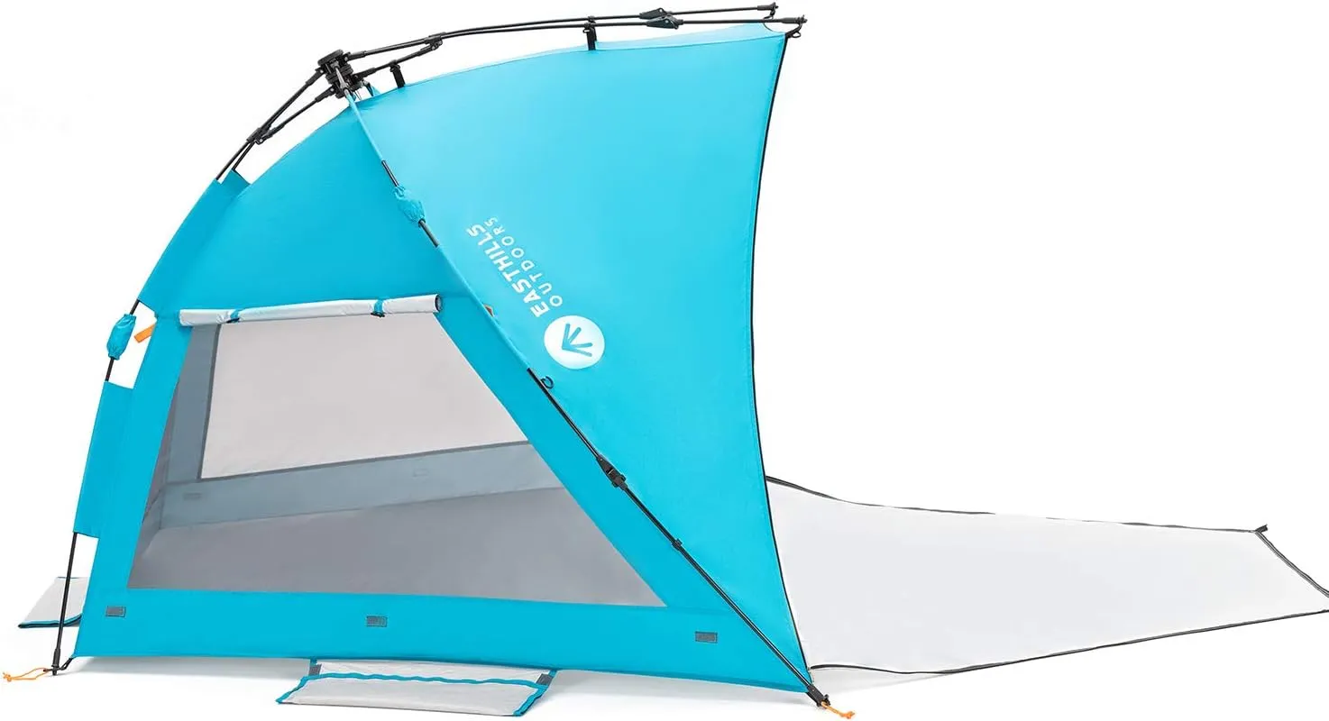 Easthills Outdoors Coastview Classic L 2-4 Person Beach Tent Quick Setup Instant Anti UV Double Silver Coated Sun Shelter with Extended Floor & Big Window Pacific Blue
