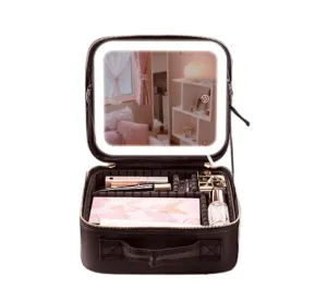 EGEN Makeup Travel Case with Lights Mirror Cosmetic Bag Waterproof Makeup Train Case Adjustable Dividers Organizer for Women Business Home (Black)