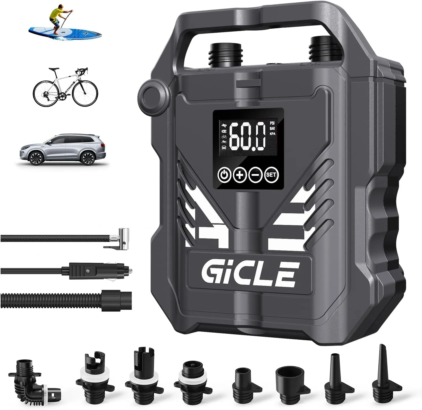 Electric Air Pump for Inflatable Paddle Board,60PSI High Pressure Sup Air Pump for Paddleboard, Inflatable Bed, Mattress with 12V DC Car Connector and Portable Boat Accessories (Gray)