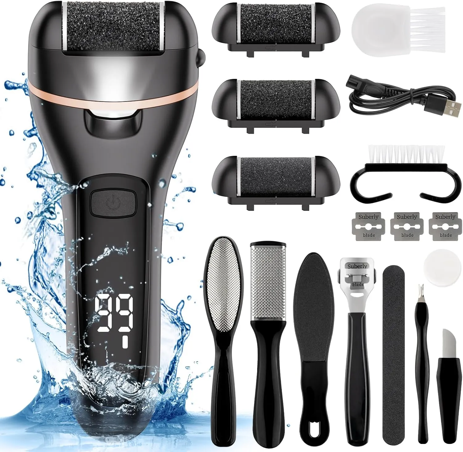 Electric Callus Remover for Feet Waterproof Rechargeable 18 in 1 Professional Pedicure Kit Foot File Pedi Scrubber Foot Care Tools Wet & Dry for Hard Cracked Dry Dead Skin 3 Rollers 2 Speeds (Black)