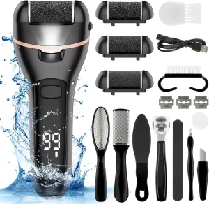 Electric Callus Remover for Feet Waterproof Rechargeable 18 in 1 Professional Pedicure Kit Foot File Pedi Scrubber Foot Care Tools Wet & Dry for Hard Cracked Dry Dead Skin 3 Rollers 2 Speeds (Black)