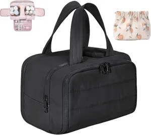 Elouva Toiletry Bag, Large Capacity Wide-Open Travel Makeup Bag, 4-in-1 Puffy Multi-functional Cosmetic Bags for Women, Portable Waterproof Open Flat Organizer Bags (Black)