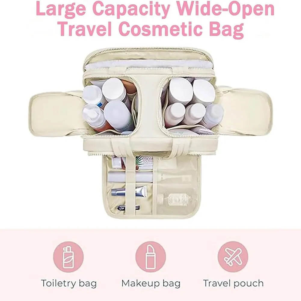 Elouva Toiletry Bag, Large Capacity Wide-Open Travel Makeup Bag, 4-in-1 Puffy Multi-functional Cosmetic Bags for Women, Portable Waterproof Open Flat Organizer Bags (Gray)